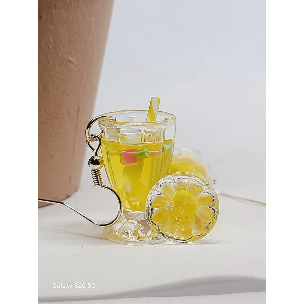 Handmade Yellow Lemonade Glass Drink Earrings Miniature Food Dangle Drops Summer